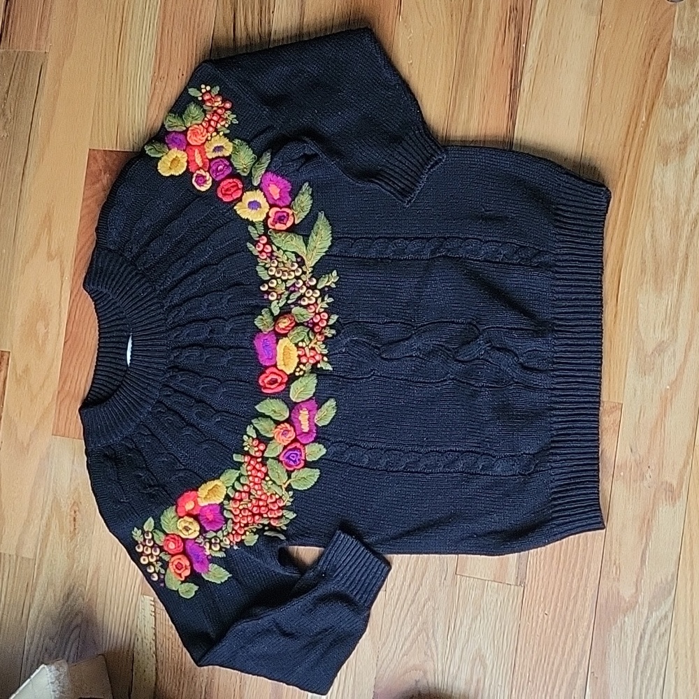 Seprate Issue Vintage Black Cableknit Sweater with Spring Flowers